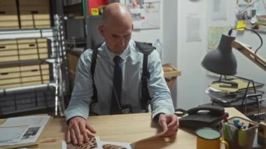 Dedektiflik bürosunda sakallı kel bir adam dosyaları ve suç fotoğraflarıyla çevrili kanıtları inceliyor..