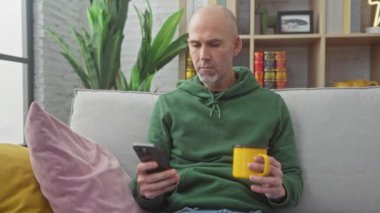 Sakallı, şaşırmış, kel bir adam, elinde fincanla oturma odasında akıllı telefonuna tepki veriyor..