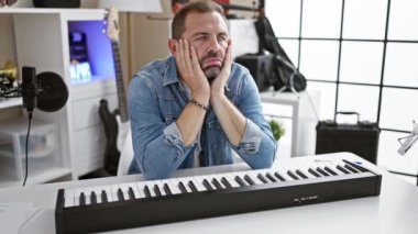 Klavyeli, mikrofonlu ve gitarlı bir müzik stüdyosunda gri saçlı dalgın bir adam sanatsal engeli yansıtıyor..