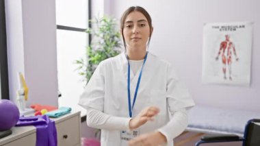 Beyaz önlüklü, kendine güvenen genç bir kadın klinikte kollarını kavuşturup profesyonelliği ve hazırlığı resmediyor..