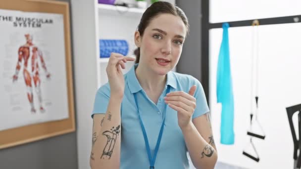 Молода Біла Жінка Терапевт Клініці Анатомічними Плакатами Пояснюють Реабілітацію — стокове відео
