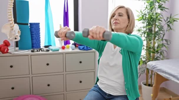 Frau Mittleren Alters Trainiert Mit Kurzhanteln Physiotherapie Klinik — Stockvideo