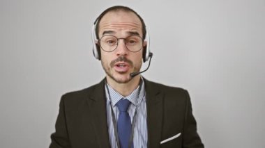 Kulaklığı ve gözlüğü olan beyaz tenha bir geçmişe karşı profesyonel bir adam sorgulayıcı bir görünüm sergiliyor..