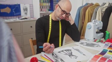 Gözlüklü ve sakallı kel bir adam, kumaş ve dikiş malzemeleriyle çevrili bir terzide moda tasarımları çiziyor..