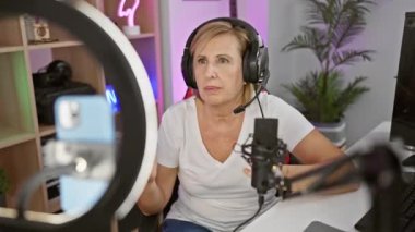 Şok olmuş orta yaşlı sarışın flamalı kadın video oyunu sırasında ağzını korkuyla kapatıyor. Kapalı mekandaki oyun odasında yapılan hataya şaşırıyor.