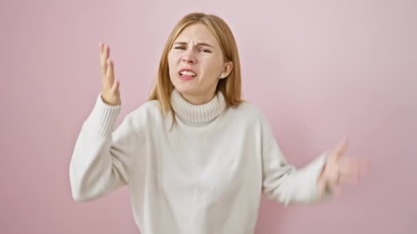 Furious Blonde Beauty Mad Rage Raises Fist Anger Beautiful Girl — Stock Video