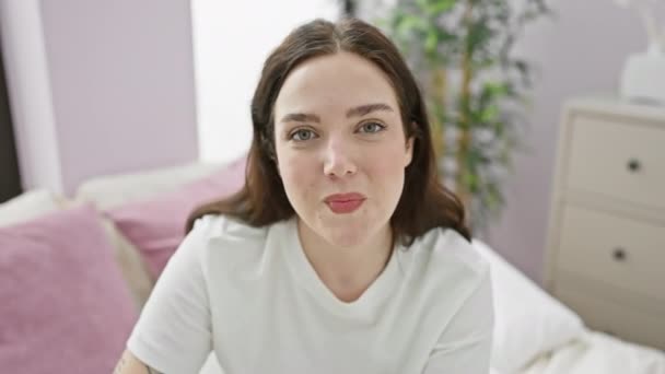 Zabawny Portret Młoda Kobieta Siedząca Łóżku Nadęte Policzki Szalonym Wyrazie — Wideo stockowe