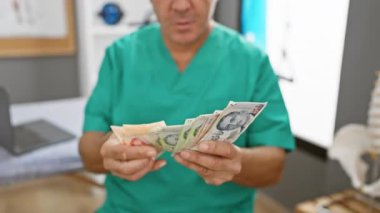 Tıbbi önlüklü olgun bir adam klinikte çeşitli bekar dolarlarını inceliyor..