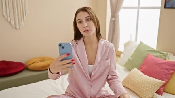 Ung Brunett Kvinna Rosa Pyjamas Med Smartphone Sängen Med Färgglada — Stockvideo