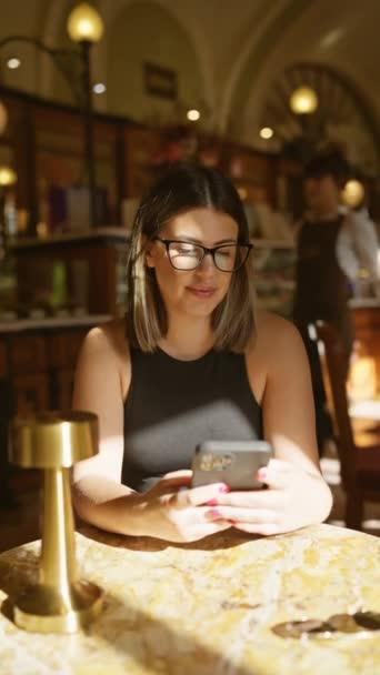 Młoda Latynoska Kobieta Okularach Sms Uje Przez Telefon Siedząc Kawiarni — Wideo stockowe
