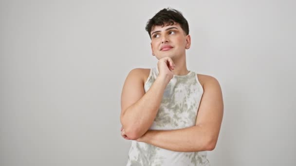 Pensive Young Man Sleeveless Shirt Doubts Tiesses Wonders Chin Hand — Stock video