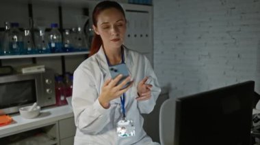 Laboratuvar ortamında cep telefonuyla konuşan laboratuvar önlüklü odaklanmış bir kadın bilim adamı. Arka planda ekipman ve şişeler var..