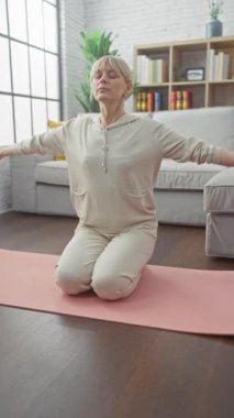Olgun bir kadın, rahat bir oturma odasında pembe bir paspasın üzerinde yoga yapıyor. Huzur ve sağlığını sergiliyor..
