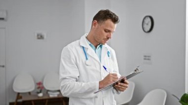 Tıbbi kıyafetli bir adam kliniğin içinde saat ve sandalyelerle notlar alıyor.