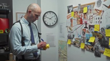 Sakallı kel bir adam polis merkezinde notlar alıyor. Etrafında fotoğraflar, haritalar ve zaman çizelgeleri olan bir pano var..