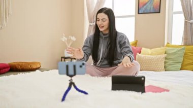 Genç İspanyol kadın renkli bir yatak odasında içerik yaratıyor. Akıllı telefonu tripod ve tablette kullanıyor..