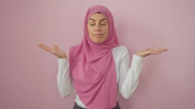 Tesettürlü öfkeli genç İspanyol kadın yüksek sesle bağırıyor, ağızdan ağıza, izole edilmiş pembe duvarda iletişim destanı - hayal kırıklığının ham ifadesi!