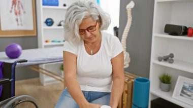 Olgun bir kadın, fizik tedavi kliniğinde dizine merhem sürüp, sağlık ve rehabilitasyon hizmetlerini resmediyor..