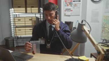 Genç bir İspanyol dedektif, karmaşık bir karakolda telefonla kanıtları analiz ediyor..