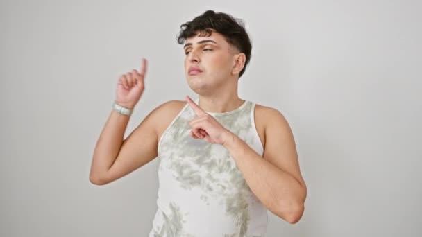 Nervous Young Man Displaying Raw Emotion Points Aside Shock Wearing — Stock Video