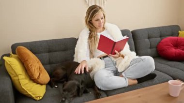 Gri bir kanepede oturmuş yanında iki siyah köpekle kitap okuyan rahat bir kadın.