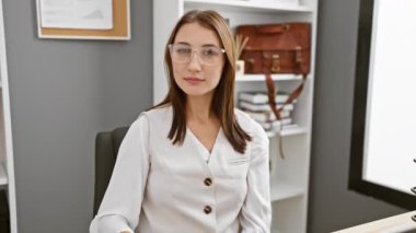 Ofis masasından havalı bir 'ok' işareti gösteren neşeli, genç esmer kız. Dizüstü bilgisayarıyla başarısının kendinden emin bir işareti. Mutluluk ve pozitif titreşimler saçıyor.