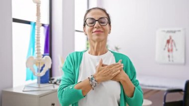 Orta yaşlı, kendine güvenen İspanyol fizyoterapist elleri göğsünde rehabilitasyon kliniğinde gülümsüyor.