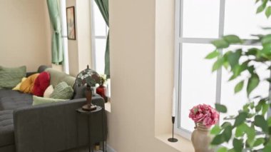 Güneşli bir oturma odasında rahat bir kanepe ve zarif bir dekorla kahvesini yudumlayan İspanyol kadın..