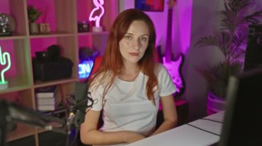 Sadece pozitif titreşimler, genç, neşeli, beyaz kadın flaması, mutlu ve gülümseyen, kollarını kavuşturmuş, oyun odasındaki kameraya bakıyor.