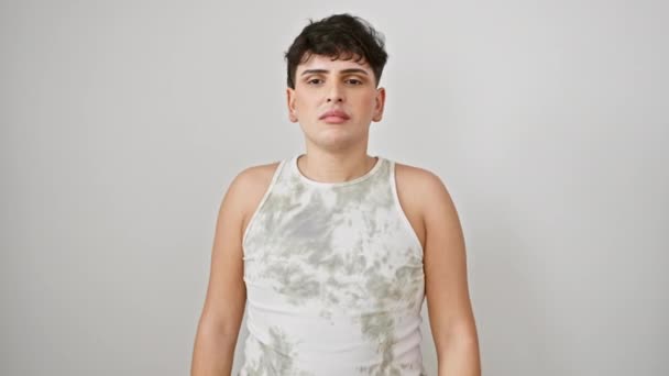 Jovem Falador Visto Sussurrar Segredos Vestindo Camiseta Sem Mangas Isolado — Vídeo de Stock