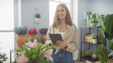Tabletle gülümseyen kadın, ev ortamındaki kapalı bitkilerin arasında..