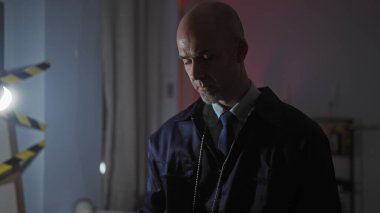 Kel dedektif, yoğun bir odaklanma ve ciddi bir ifadeyle loş aydınlatılmış suç mahallindeki kanıtları inceliyor..