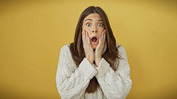 Shocked Young Hispanic Woman Hands Face Yellow Background Wearing White — Stock Photo, Image