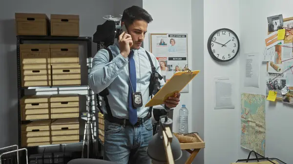 stock image Hispanic detective on phone in police station examining documents, surrounded by evidence board and case files.