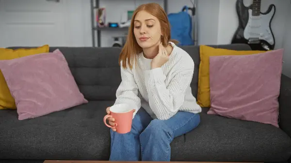 Relaxed Young Woman Enjoying Cozy Moment Coffee Comfortable Sofa Home Stock Picture