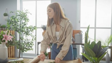 Kızıl saçlı kadın bitkileri evin içine sarıp doğal, şık ve sakin bir atmosfer yayıyor..