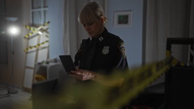 Bir kadın polis evdeki suç mahallini inceliyor, uyarı bandıyla işaretlenmiş, tablet üzerinde notlar alırken..