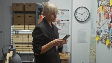 Elinde kanıt panosuyla dedektifin ofisinde akıllı telefon kullanan odaklanmış sarışın bir kadın..