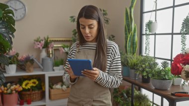 Bir tablet kullanan genç bir İspanyol kadın ev ortamında çeşitli ev bitkileri ve çiçeklerle dolu..