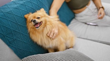 Güzel bir kadın, evdeki kanepede evcil köpeğiyle birlikte oturuyor. Kapalı alanda çekilmiş bir portre. Ellerinin dokunaklı anını yakalıyor..