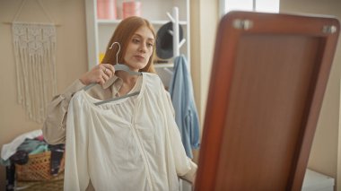 Güzel, genç, kızıl saçlı bir kadın, iyi düzenlenmiş bir odada ayna ve şık bir dekorla beyaz bir bluzu değerlendiriyor..