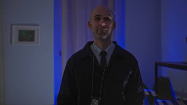 Kel, sakallı, rozetli bir adam, kapalı bir suç mahallinde ciddi bir şekilde duruyor..