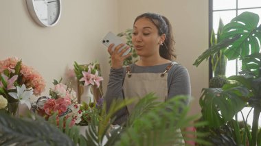 Çiçekçide akıllı telefon kullanan Latin bir kadın yemyeşil bitkilerle çevrili, sıradan bir iş ortamı yaratıyor..