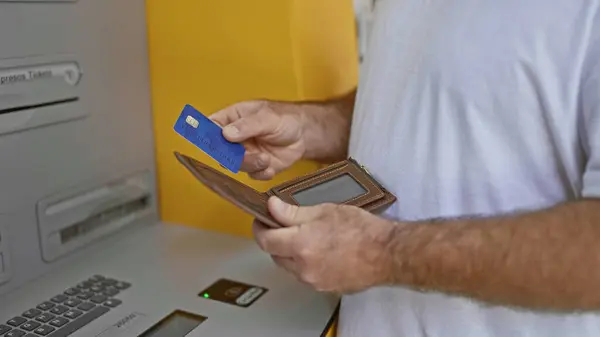 Attractive Middle Aged Caucasian Man Inserting Credit Card Street Atm — Stock Photo, Image