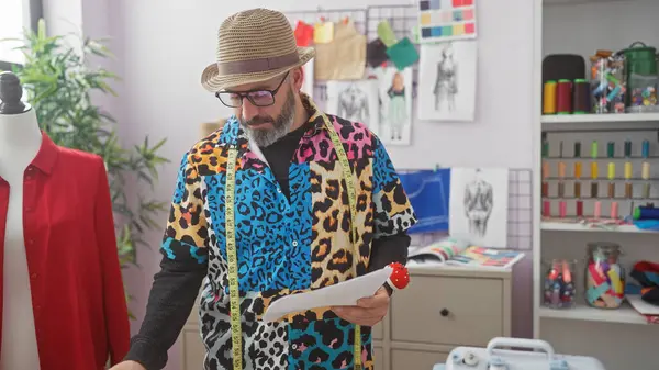 stock image Stylish man wearing colorful jacket examines paperwork in a modern tailor's workshop, surrounded by fashion design sketches and sewing accessories.