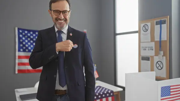 Middle Aged Bearded Man Proudly Showing Voted Sticker American Electoral — Stock Photo, Image