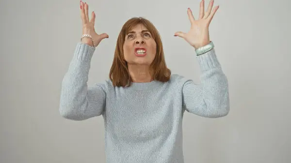 Frustrated Middle Aged Woman Short Hair Wearing Sweater Gesturing White — Stock Photo, Image