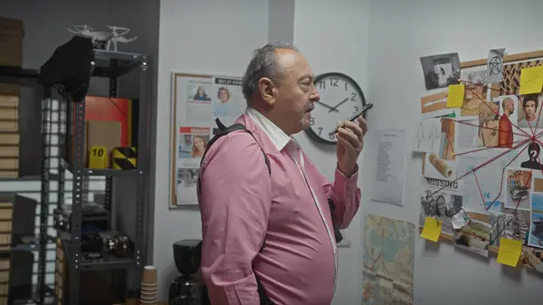 stock image Middle-aged man with moustache in detective office, analyzing evidence board indoors.