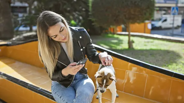 stock image A smiling young woman in casual clothes enjoys outdoor time with her small dog on a sunlit city bench while checking her smartphone.