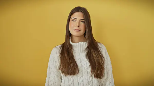Portrait Beautiful Young Hispanic Woman White Sweater Posing Isolated Yellow — Stock Photo, Image